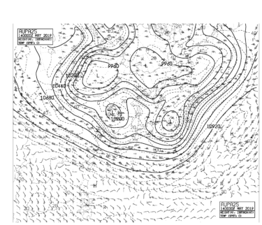 【AUPA25】アジア太平洋250hPa高度・気温・風天気図の見方