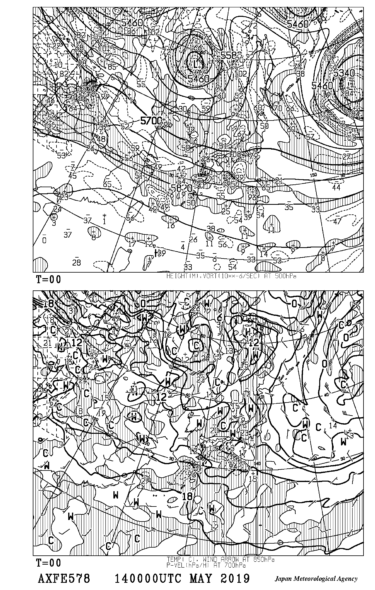 【AXFE578】極東850hPa気温・風、700hPa上昇流、500hPa高度・渦度図の見方