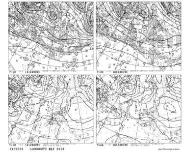 【FXFE502】極東地上気圧・風・降水量／500hPa高度・渦度予想図12・24時間予想の見方