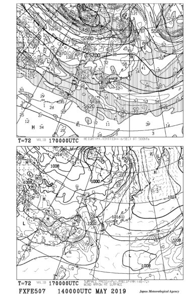 【FXFE507】極東地上気圧・風・降水量／500hPa高度・渦度予想図72時間予想の見方